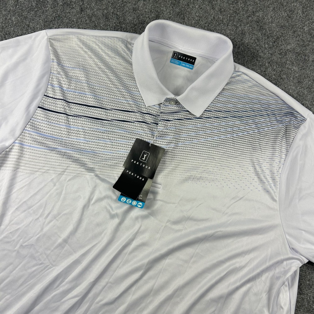 PGA Tour Golf‎ Polo Mens XXL White Blue Striped SunFlux MotionFlux PVKS90K3SA